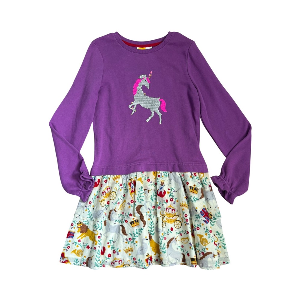 Mini Boden Girls Purple Sequin Unicorn British Royal Print L/S Dress 9-10Y